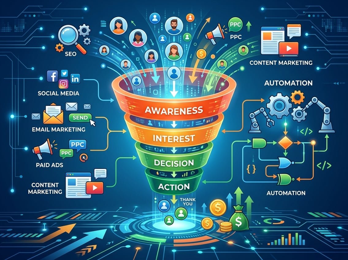 Illustration showing a multi-stage sales funnel surrounded by digital traffic icons and automation elements like gears and flowcharts, representing online marketing processes.