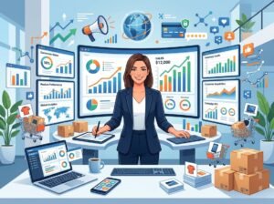 A businessperson working with digital screens showing sales data and e-commerce icons in a modern workspace.