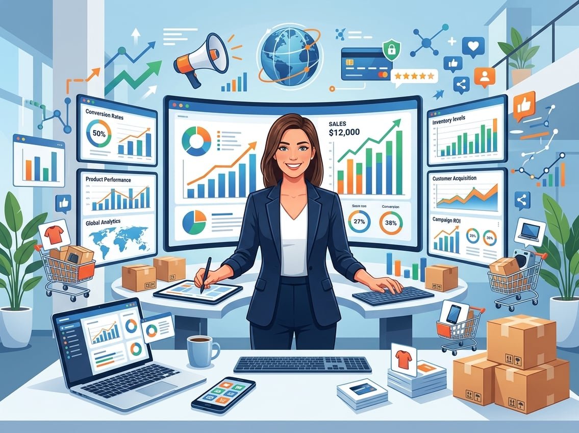 A businessperson working with digital screens showing sales data and e-commerce icons in a modern workspace.