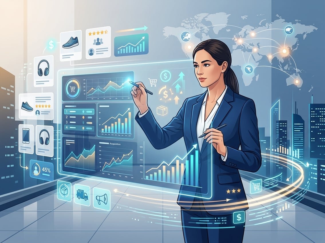 A business person interacting with a digital touchscreen displaying e-commerce charts, graphs, and icons representing online retail and global connectivity.