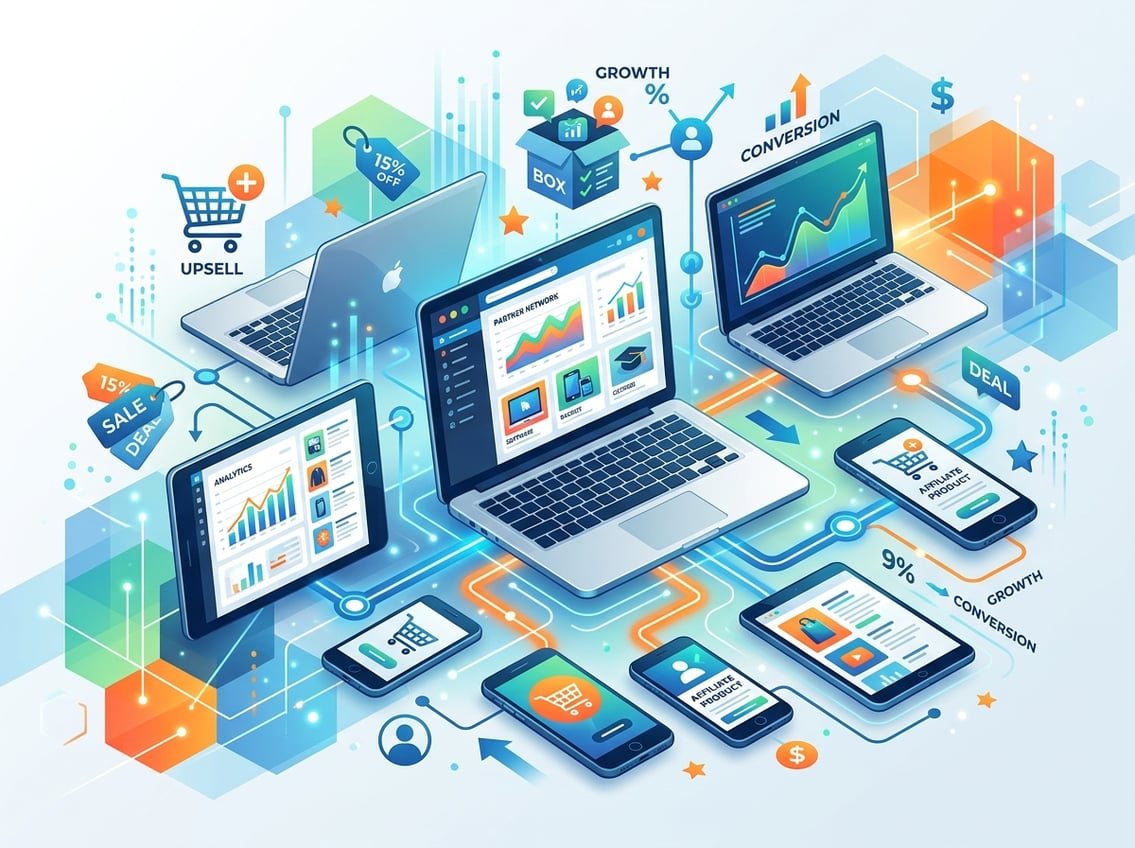 A network of digital devices connected by glowing lines showing online marketing products and upsell icons like shopping carts and discount tags.