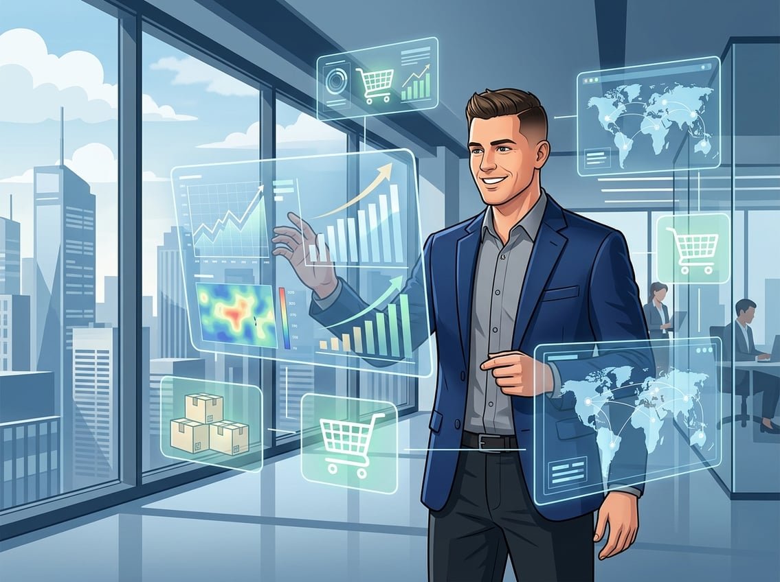 A man standing in a modern office surrounded by digital charts and online shopping icons, looking confident and focused.