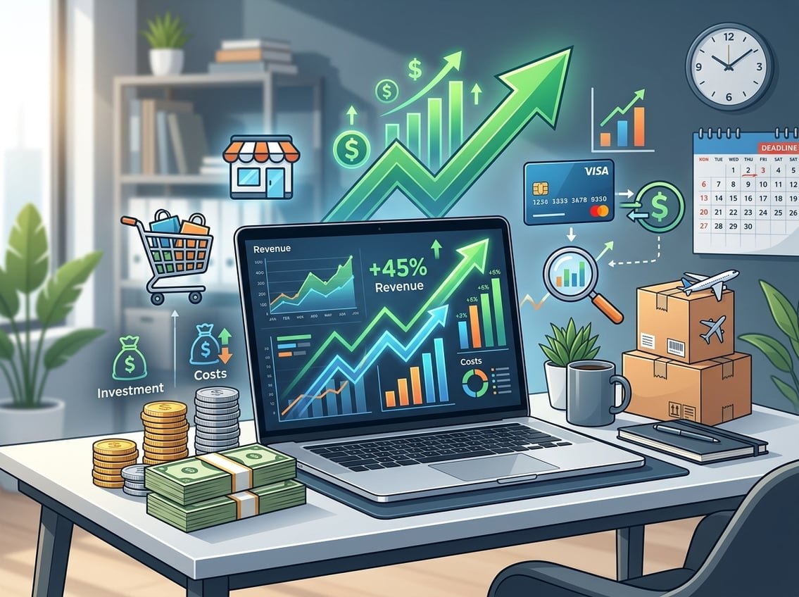 A workspace with a laptop showing graphs, stacks of coins and bills, upward arrows, and online shopping icons representing costs, investment, and earning potential in online retail.