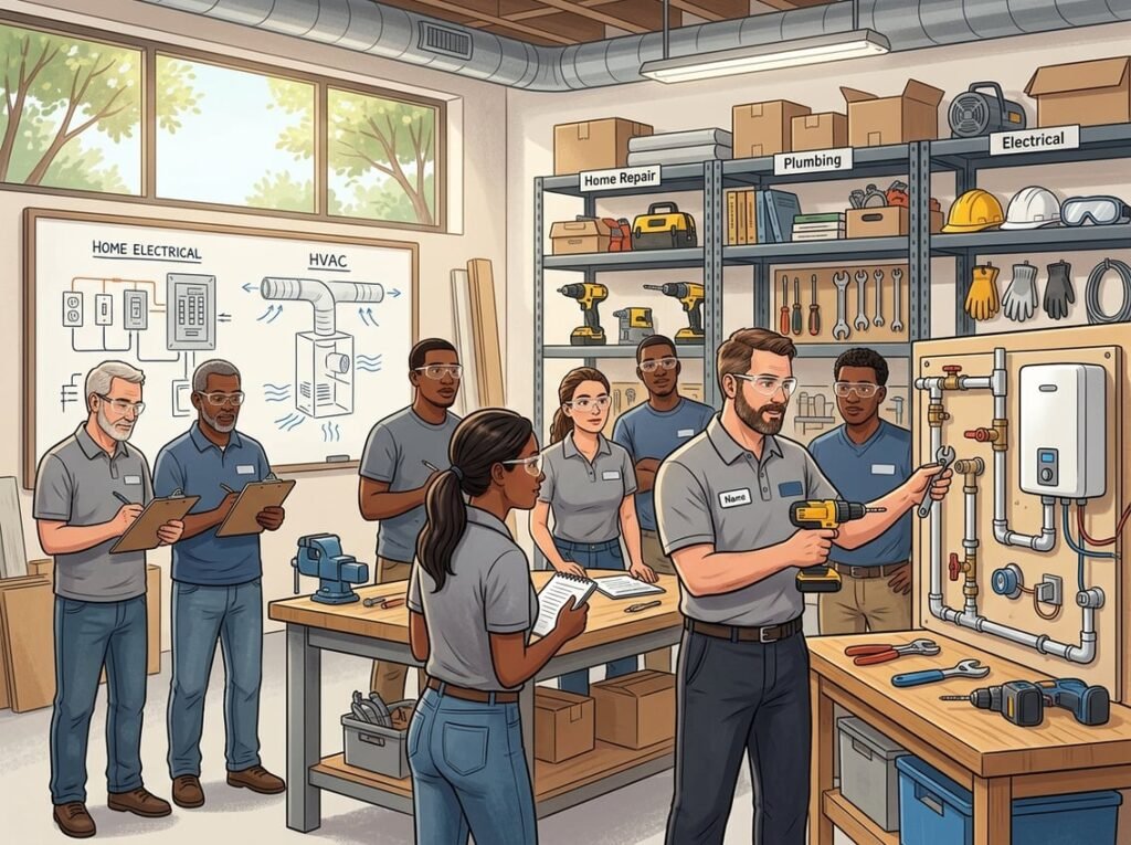 A group of adults learning home repair skills from an instructor in a bright classroom filled with tools and equipment.