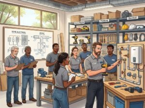 A group of adults learning home repair skills from an instructor in a bright classroom filled with tools and equipment.