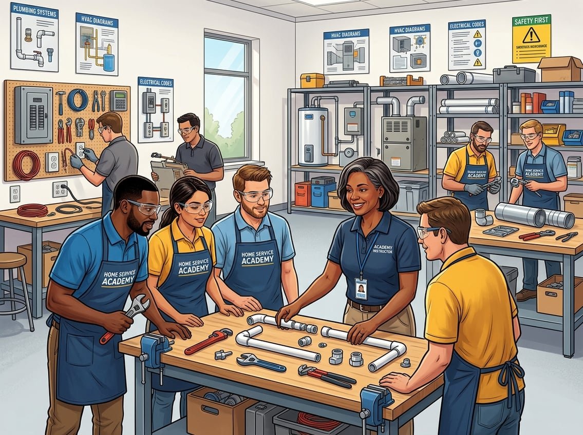 A group of adult students learning home service skills in a bright classroom with tools and an instructor guiding them.