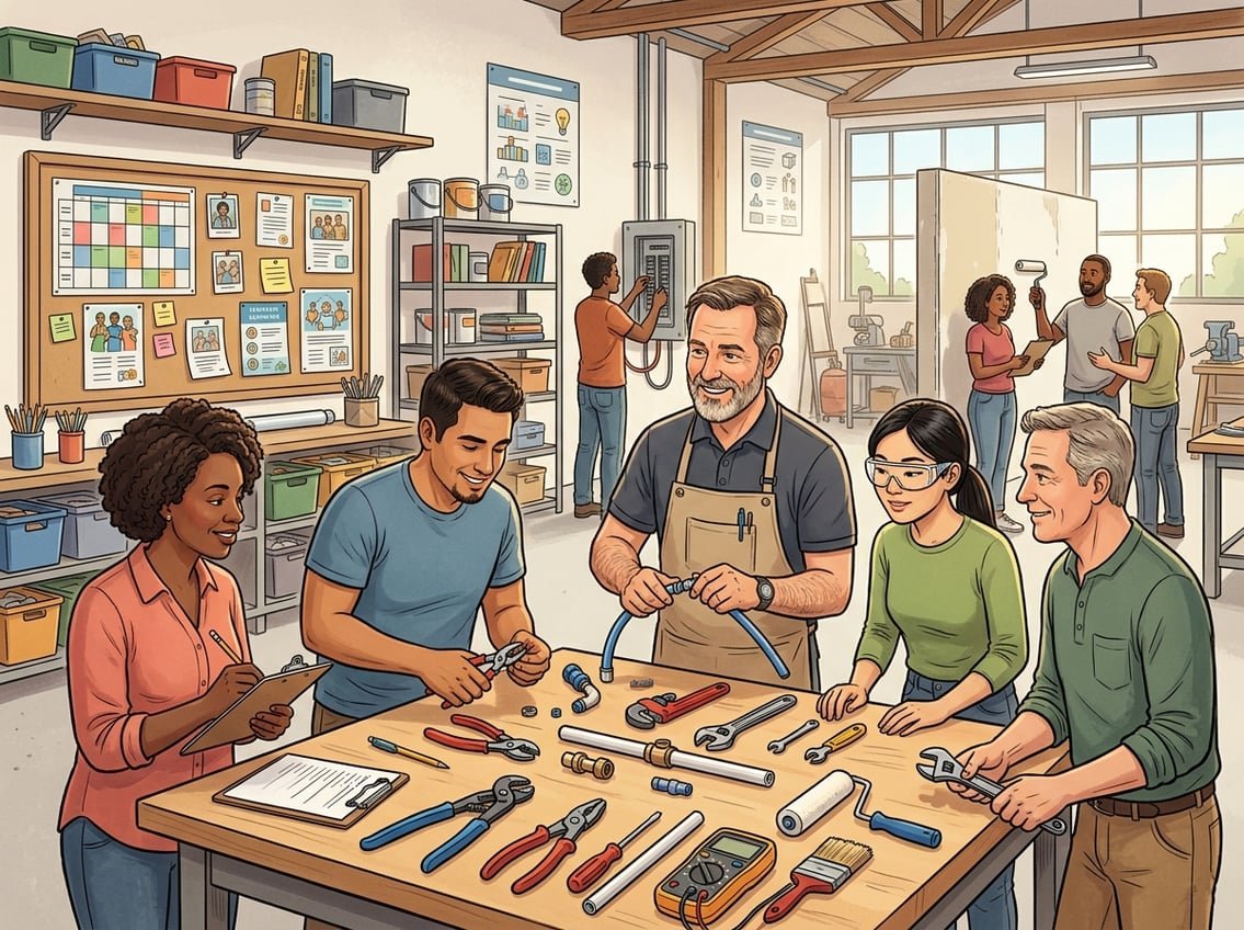 A group of adult learners practicing home service skills with an instructor in a well-equipped classroom.