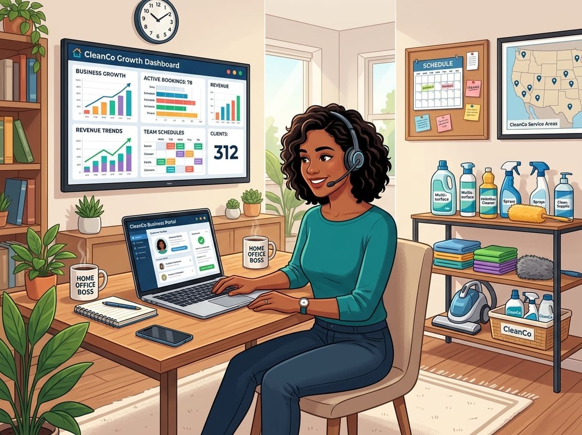 A person working on a laptop in a home office surrounded by cleaning supplies and a digital dashboard showing business growth.