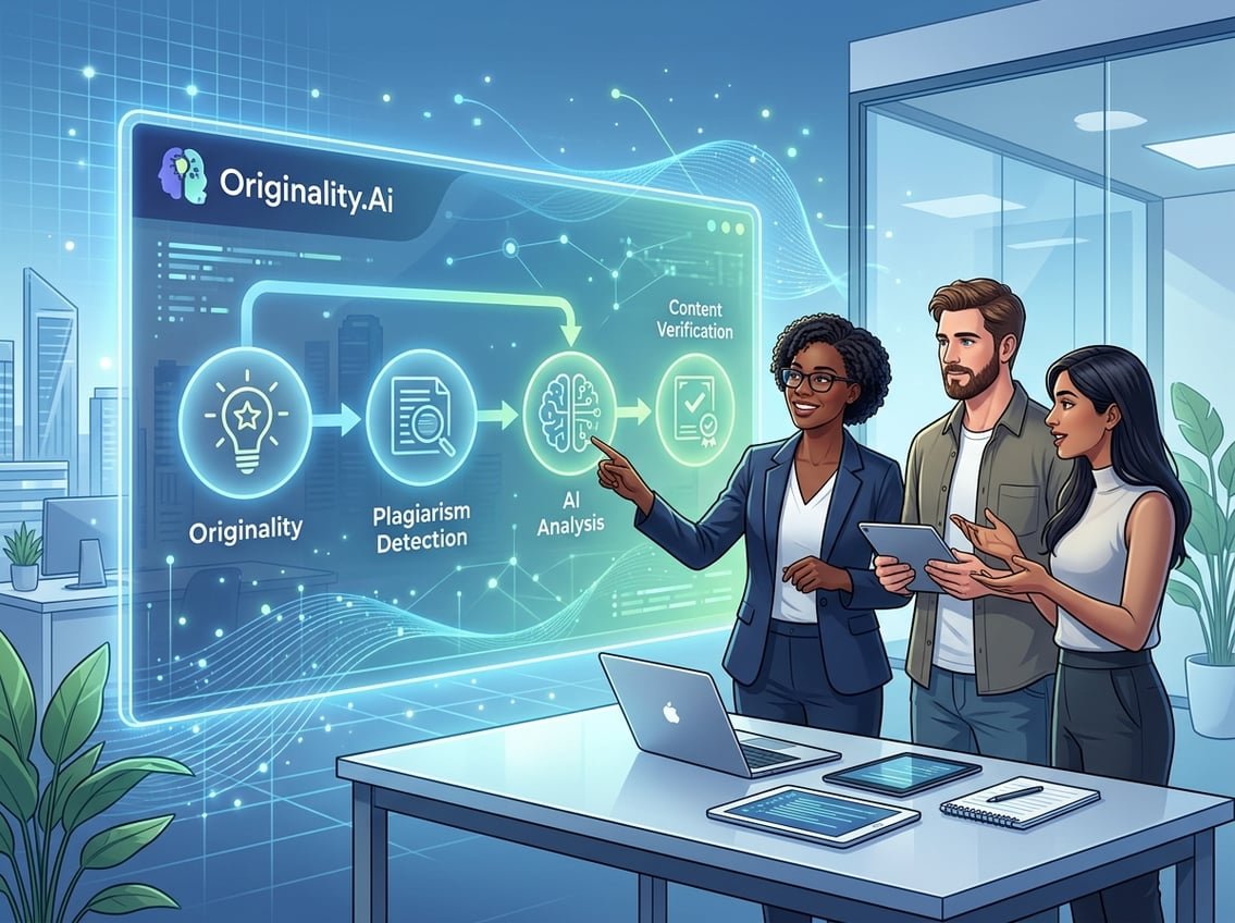 A group of professionals collaborating around a large digital screen showing interconnected icons representing an AI tool's key capabilities and workflow.