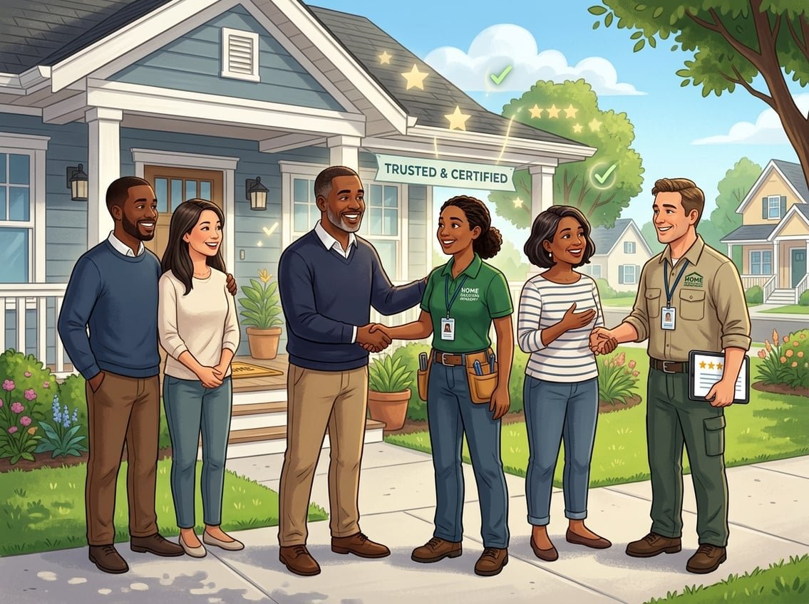 A group of happy homeowners and service professionals shaking hands and smiling in front of a house, symbolizing successful home service experiences.