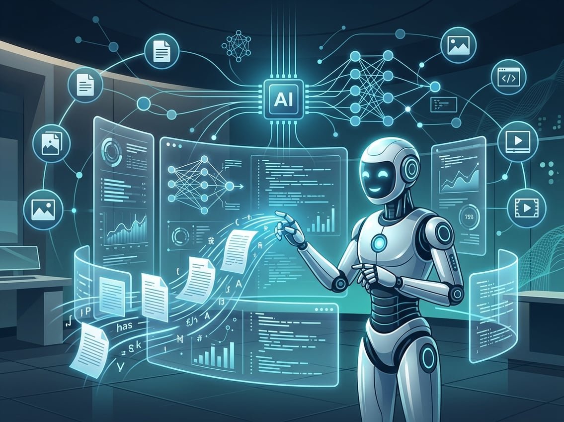 An AI system analyzing various types of digital content through multiple transparent screens with data and network visuals.