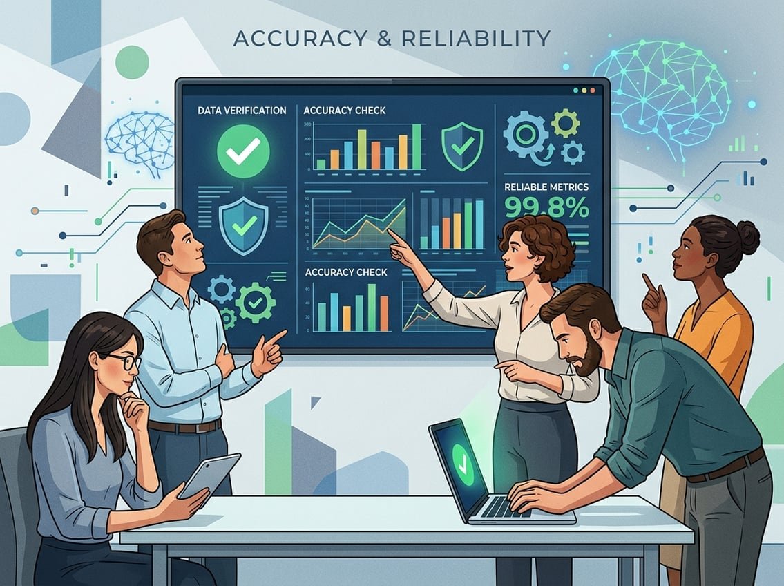 A team of professionals collaborating in an office, analyzing data and charts on a large digital screen, symbolizing accuracy and reliability.