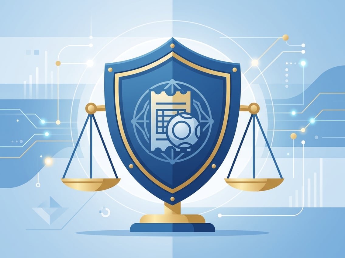 A secure shield with a lottery ticket icon inside, balanced scales beside it, and abstract technology elements in the background representing licensing, security, and fairness.