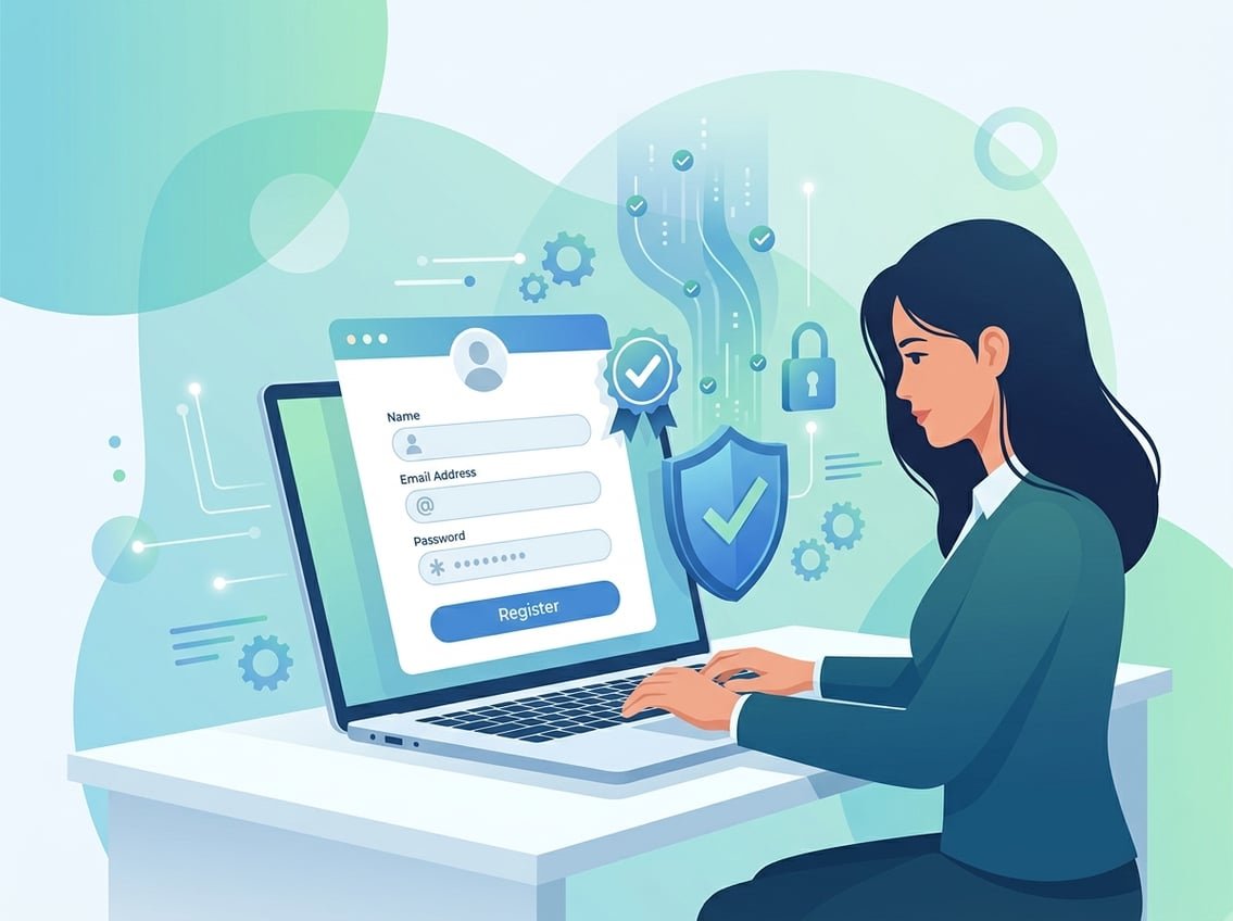 A person registering an account on a laptop with icons representing security and verification around the screen.