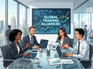 Four professionals in a modern office having a business meeting around a glass table with laptops and financial charts, with a city skyline visible through large windows.
