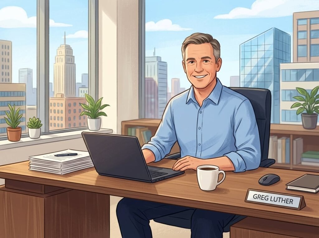 A man sitting at a desk in an office with a laptop and papers, looking confident and approachable.
