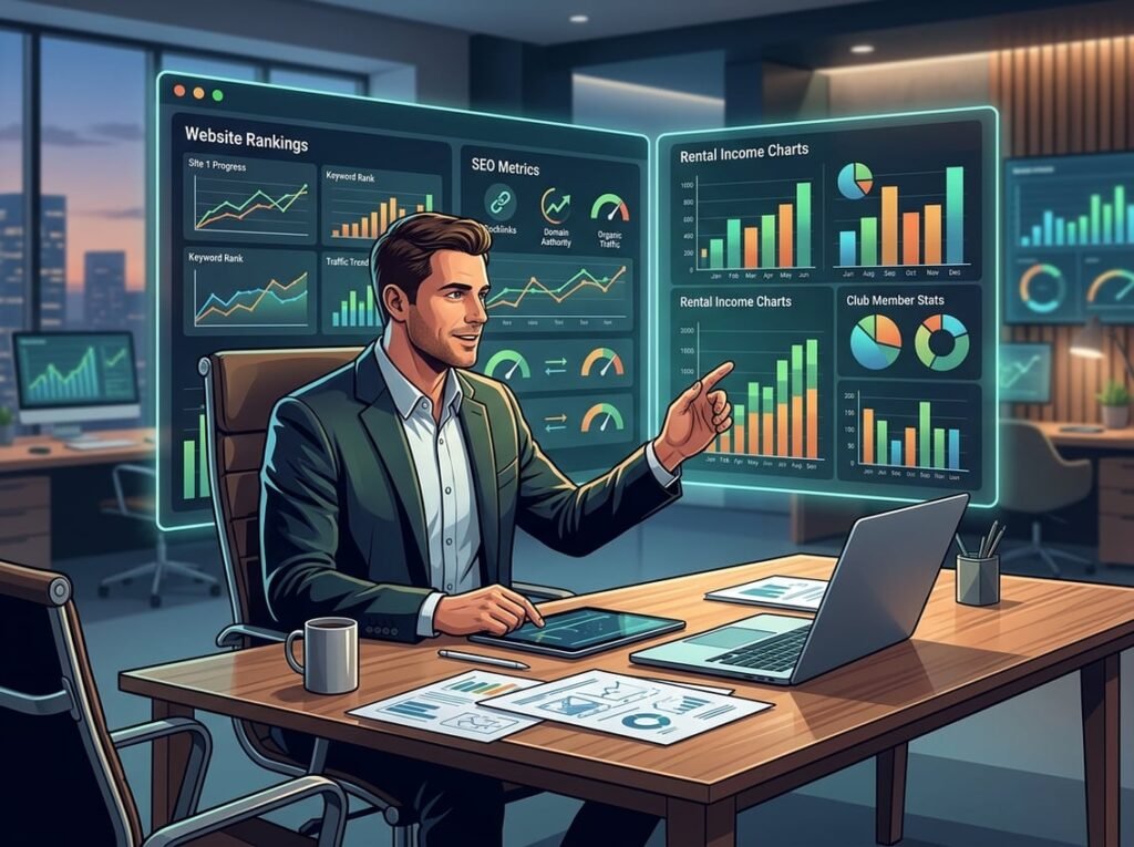 A business professional analyzing website rankings and income charts in a modern office setting.