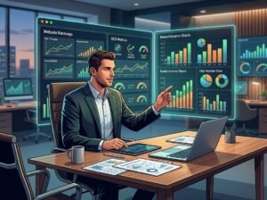 A business professional analyzing website rankings and income charts in a modern office setting.