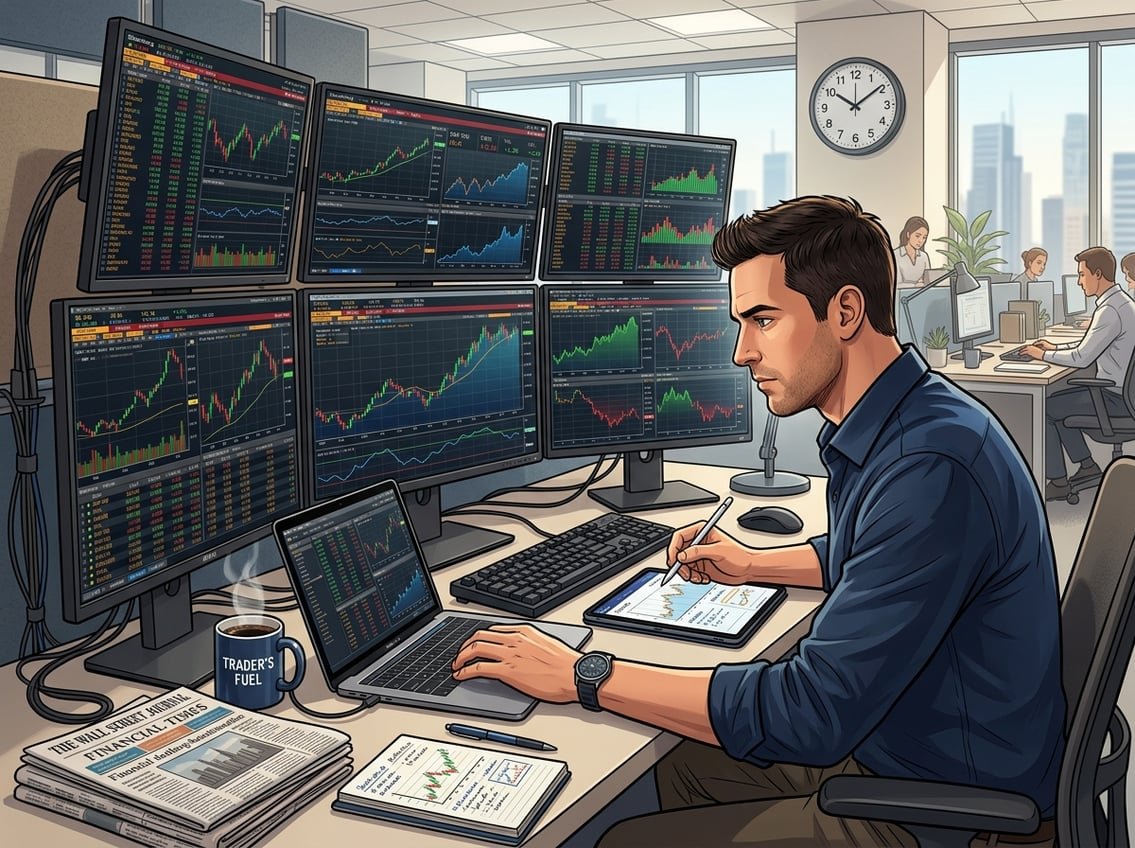 A trader analyzing multiple screens with financial charts and data in a modern office setting.