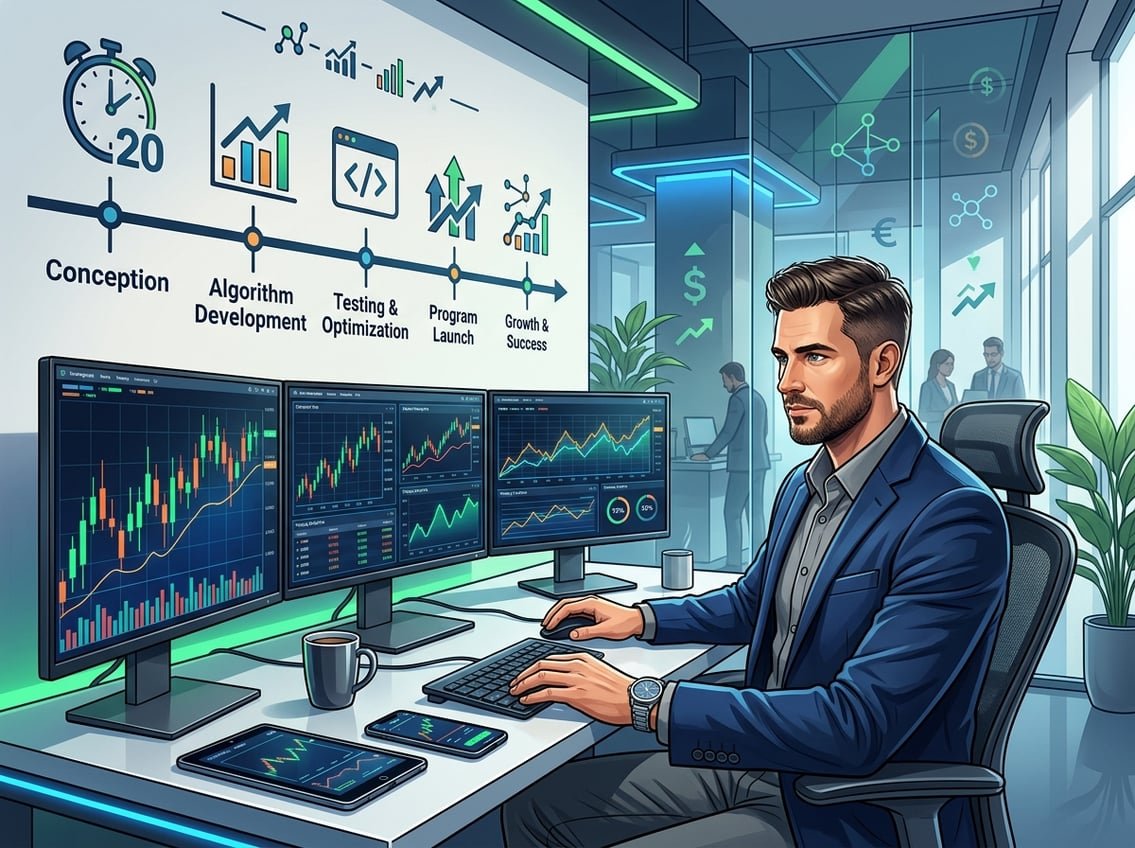 An entrepreneur working at a desk with multiple computer screens showing stock charts and a timeline of the trading program's development in a modern office.