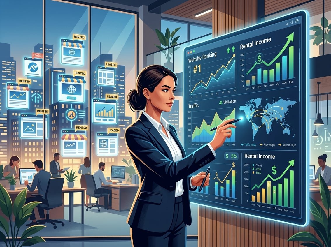 A businessperson reviewing website rankings and rental income data on a digital dashboard in a modern office setting.