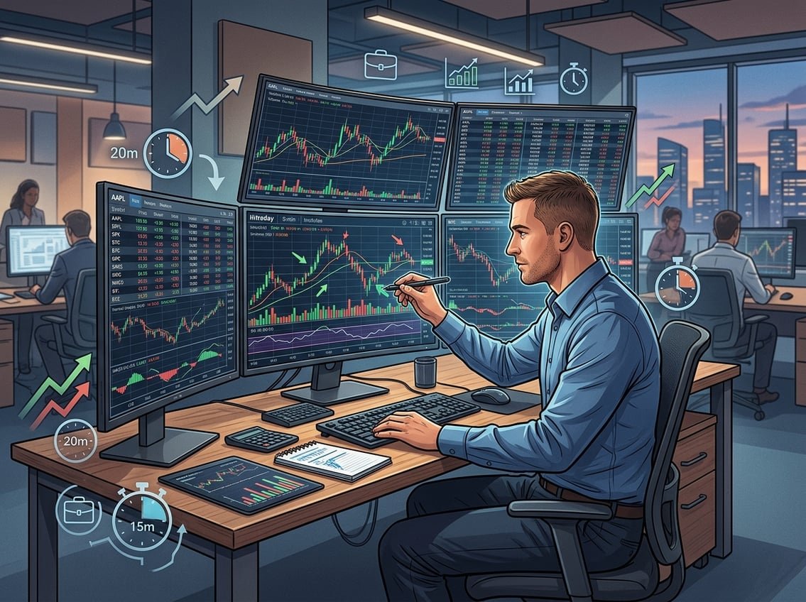 A trader at a desk analyzing multiple screens with financial charts and market data, surrounded by symbols of fast-paced trading and strategy.
