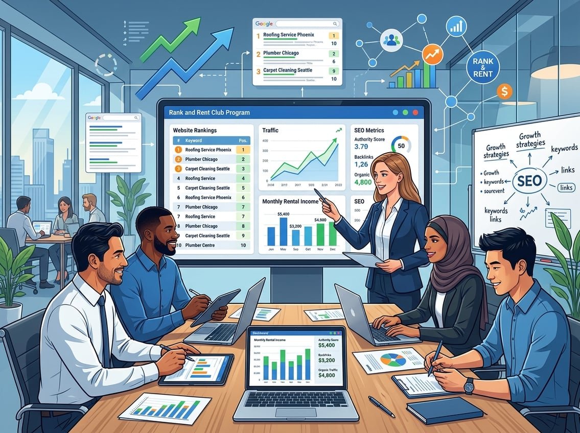 A group of professionals working together in an office around a digital screen showing website rankings and growth charts.