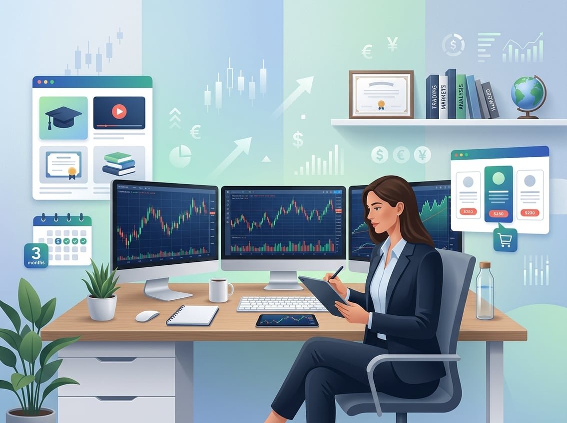 A person at a desk reviewing stock charts on multiple monitors with icons representing online courses and pricing around them.