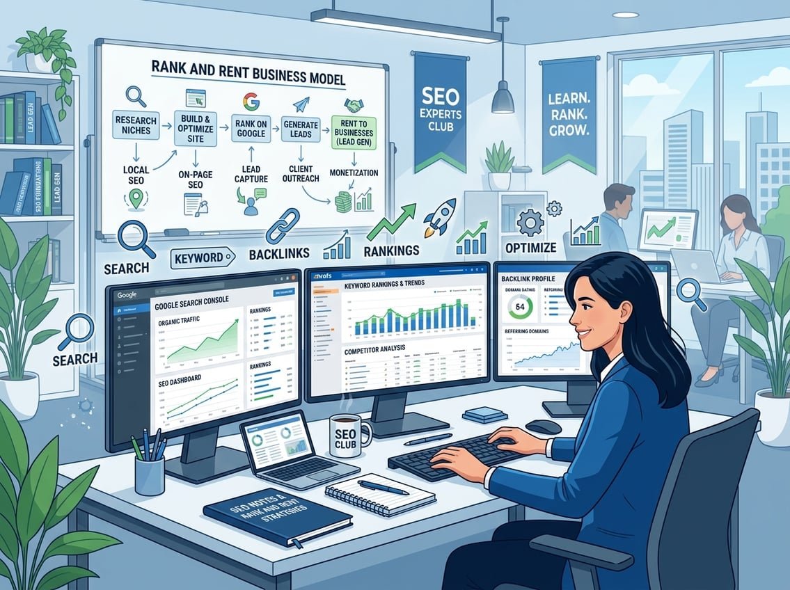 A workspace with computer screens showing SEO analytics and charts, surrounded by SEO icons and a board illustrating interconnected marketing concepts.