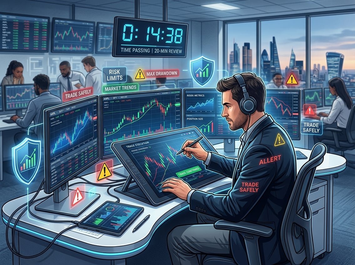 A trader working at a desk with multiple monitors showing financial charts and market data, focusing on managing risks and making quick decisions.