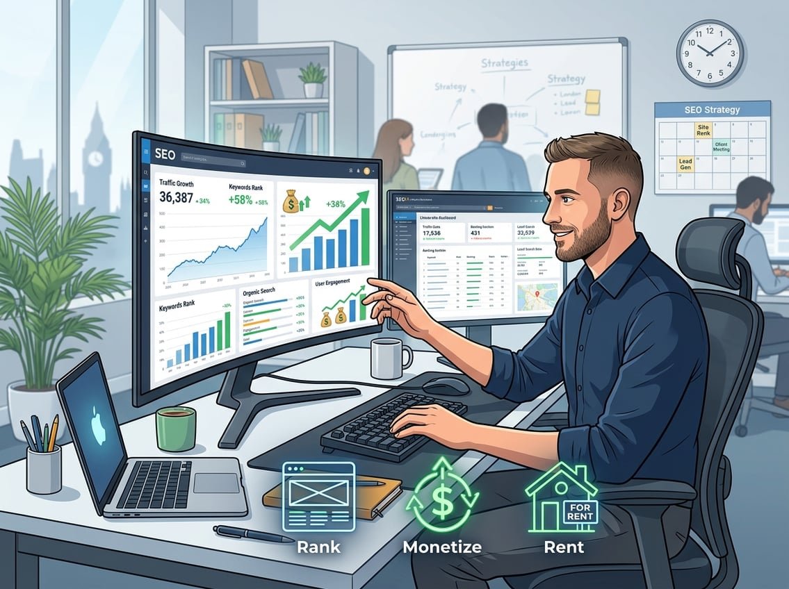 An entrepreneur working at a desk with multiple computer screens showing website analytics and graphs, surrounded by icons representing website monetization and rental.
