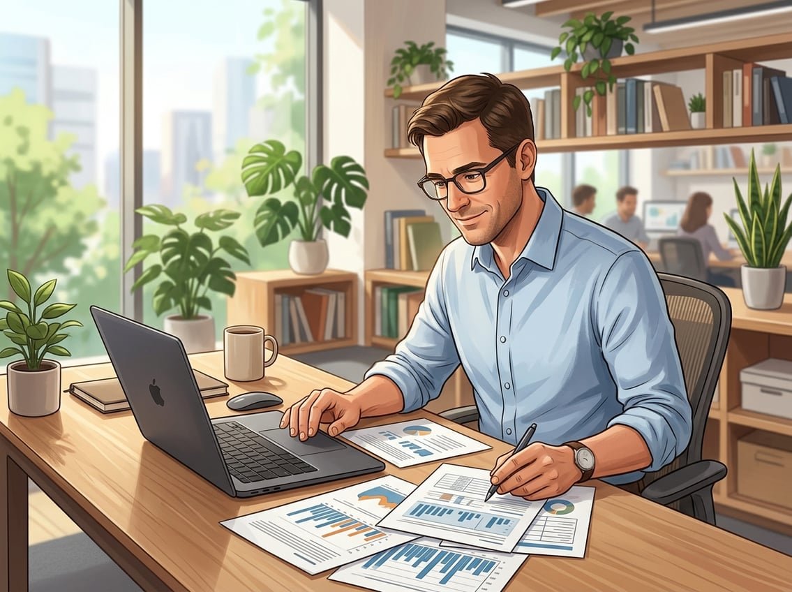 A man sitting at a desk reviewing documents and charts in a bright office with bookshelves and plants.