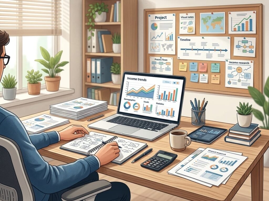A workspace with a laptop showing income charts, documents, a calculator, and a whiteboard with project plans.