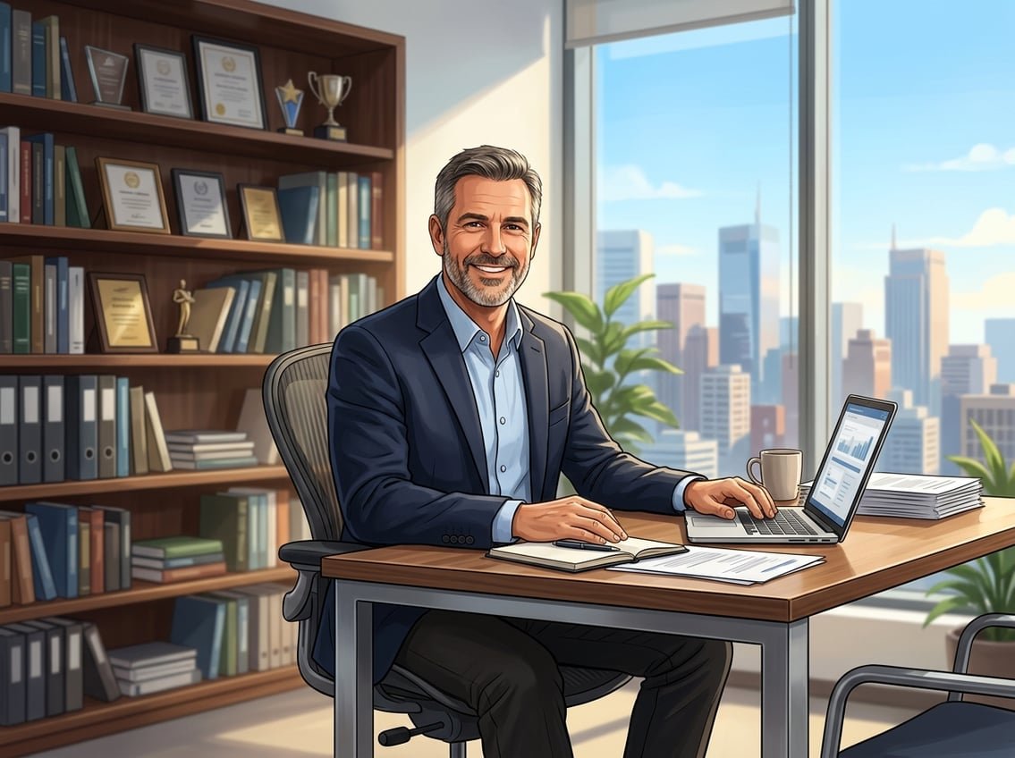 A man sitting at a desk in an office with bookshelves and a city view through large windows.