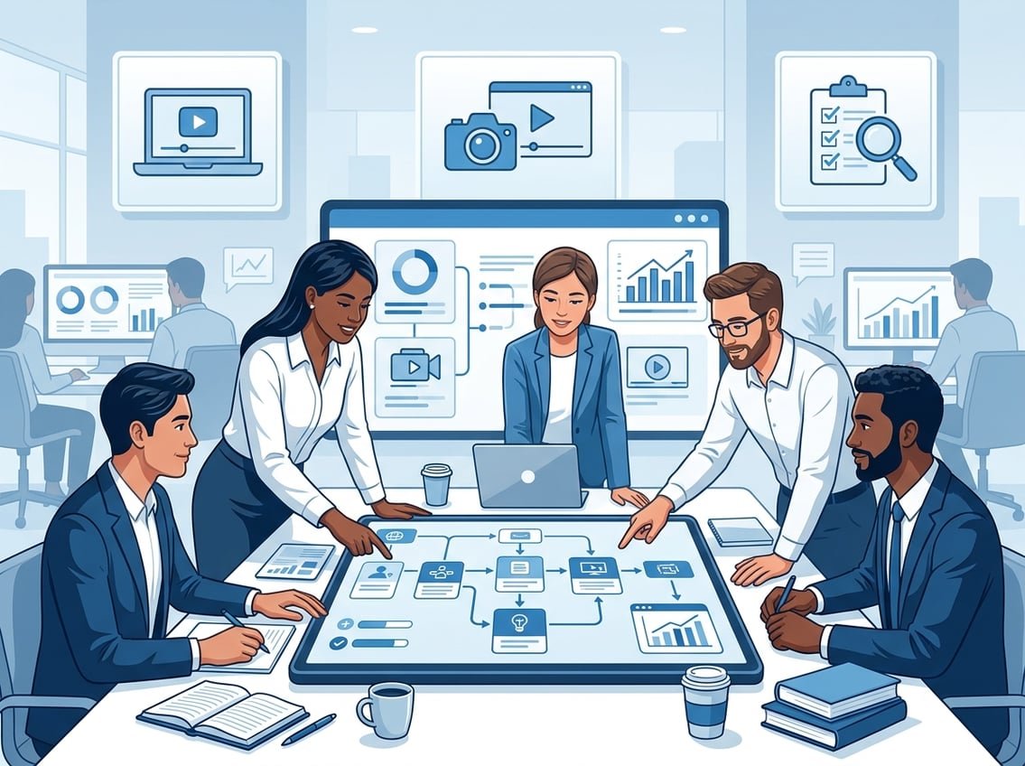 A group of adults collaborating around a digital board showing interconnected learning modules and progress indicators in a modern workspace.