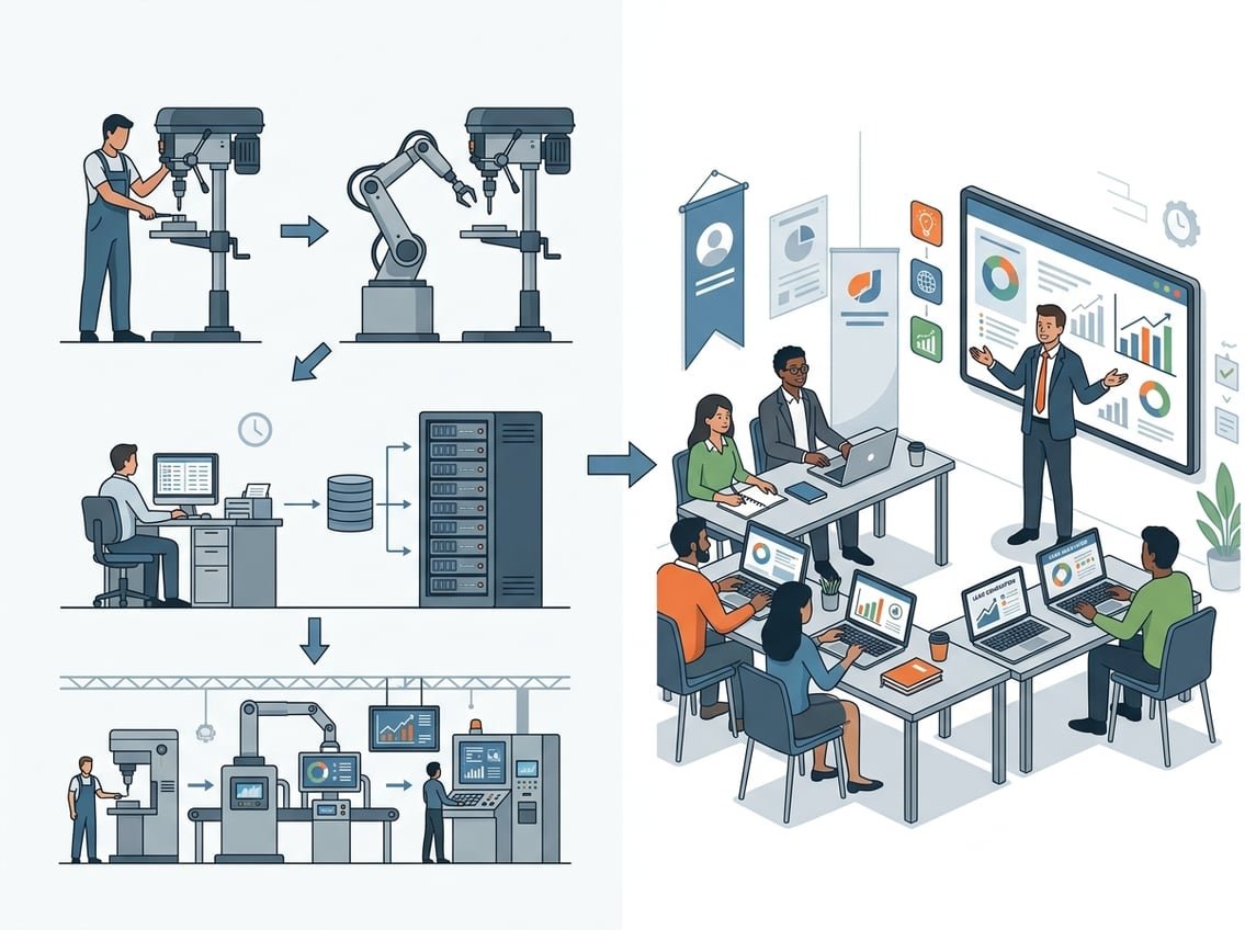 An illustration showing the transition from traditional jobs being replaced by technology to a modern classroom where adults learn lead generation skills from an instructor.