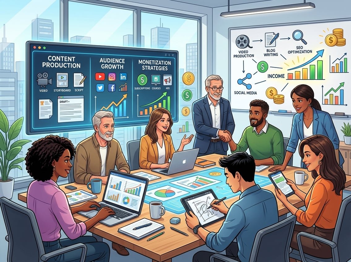 People collaborating around a digital workspace with devices showing charts and content drafts, with symbols of income and growth in the background.