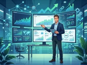 A business professional analyzing multiple screens with graphs and charts related to digital marketing and affiliate analytics.