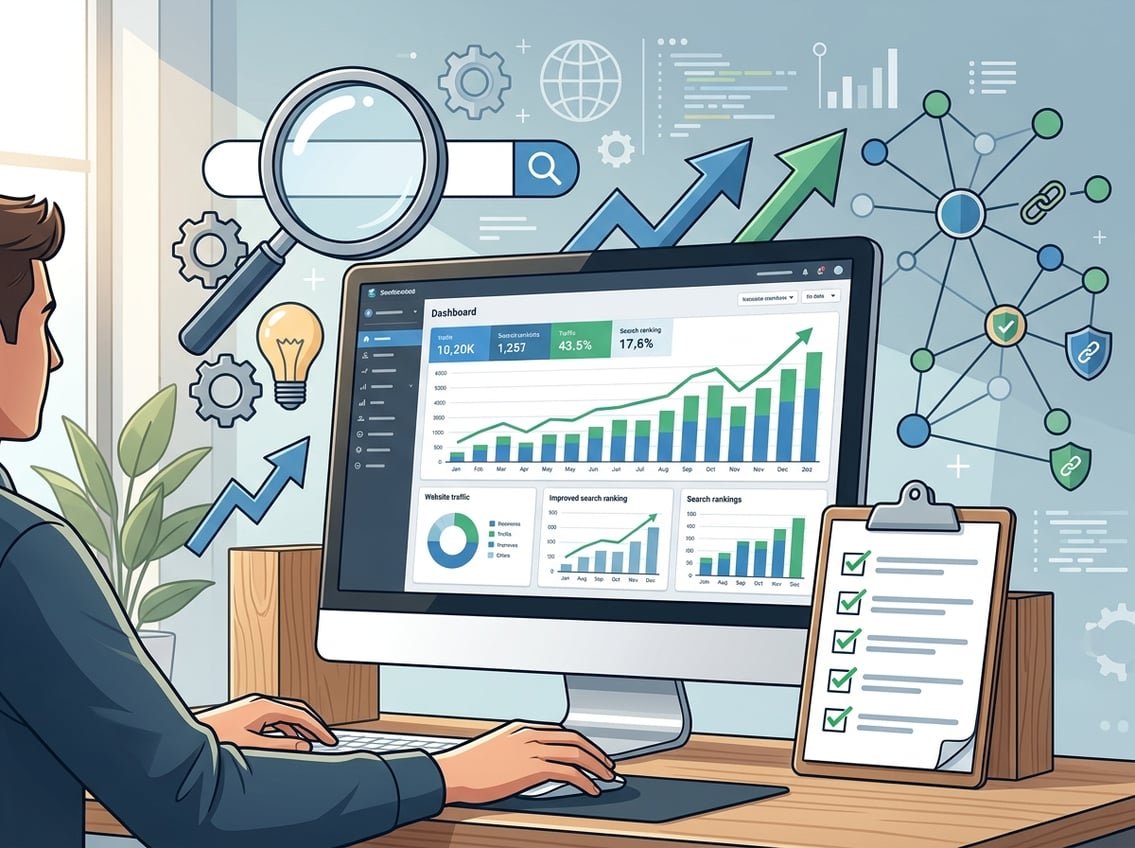 A workspace with a computer showing growth charts, surrounded by symbols of search, growth, and connectivity representing SEO and authority building.