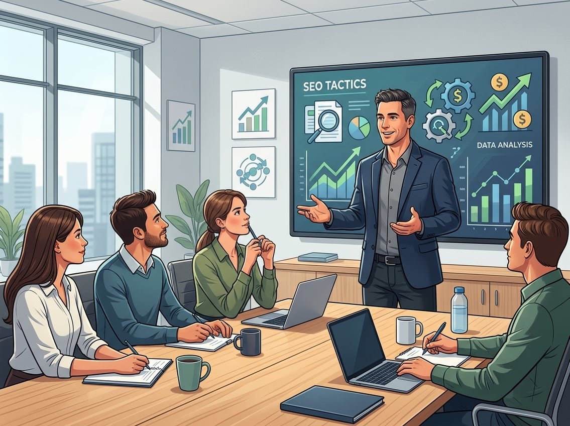 A man explaining SEO tactics to a group of professionals around a table with a digital screen showing charts and SEO icons.