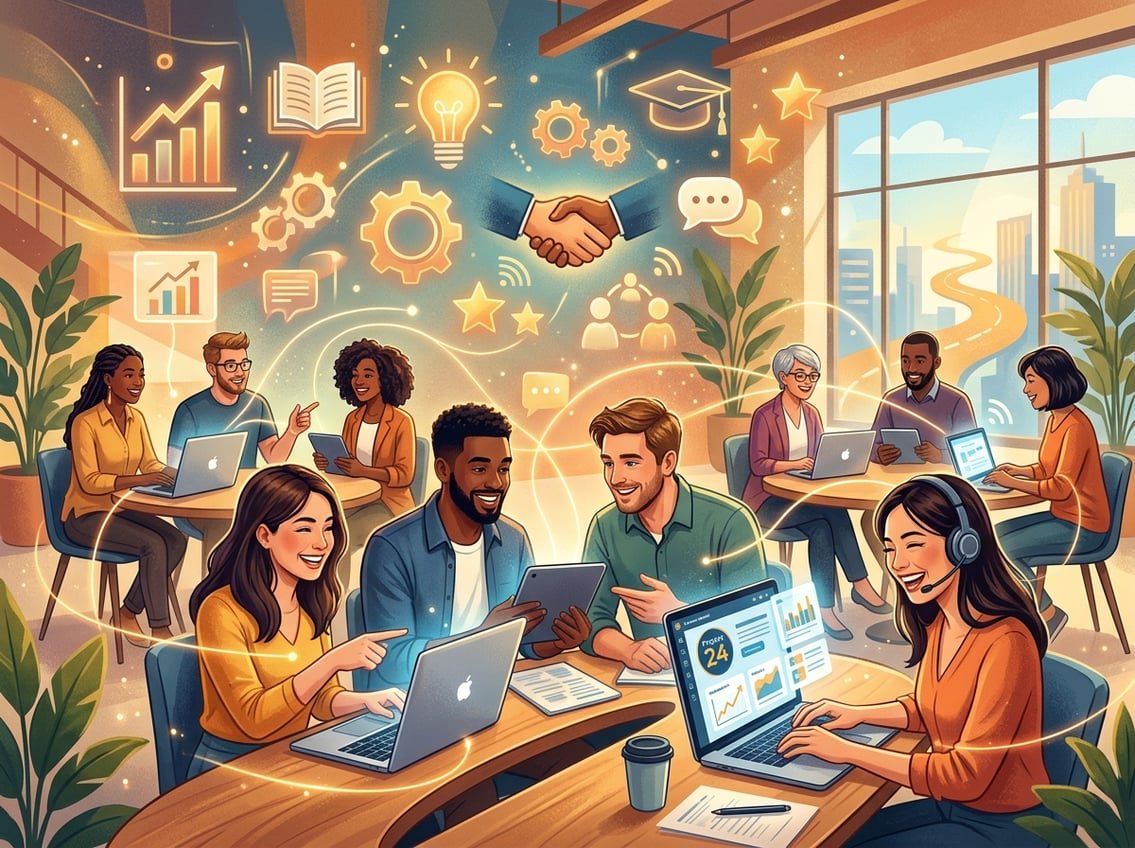 A group of diverse people using laptops and tablets, connected by glowing lines symbolizing online learning and community support.