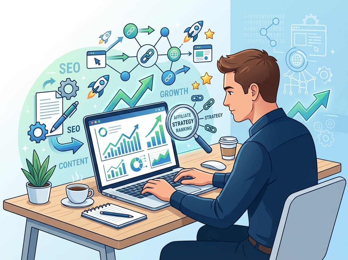 A person working at a desk with a laptop showing charts and SEO-related icons like keywords, backlinks, and graphs representing online marketing strategies.