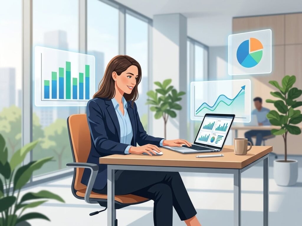 A businessperson sitting at a desk reviewing charts and graphs on a laptop with floating data panels around them in a bright office.