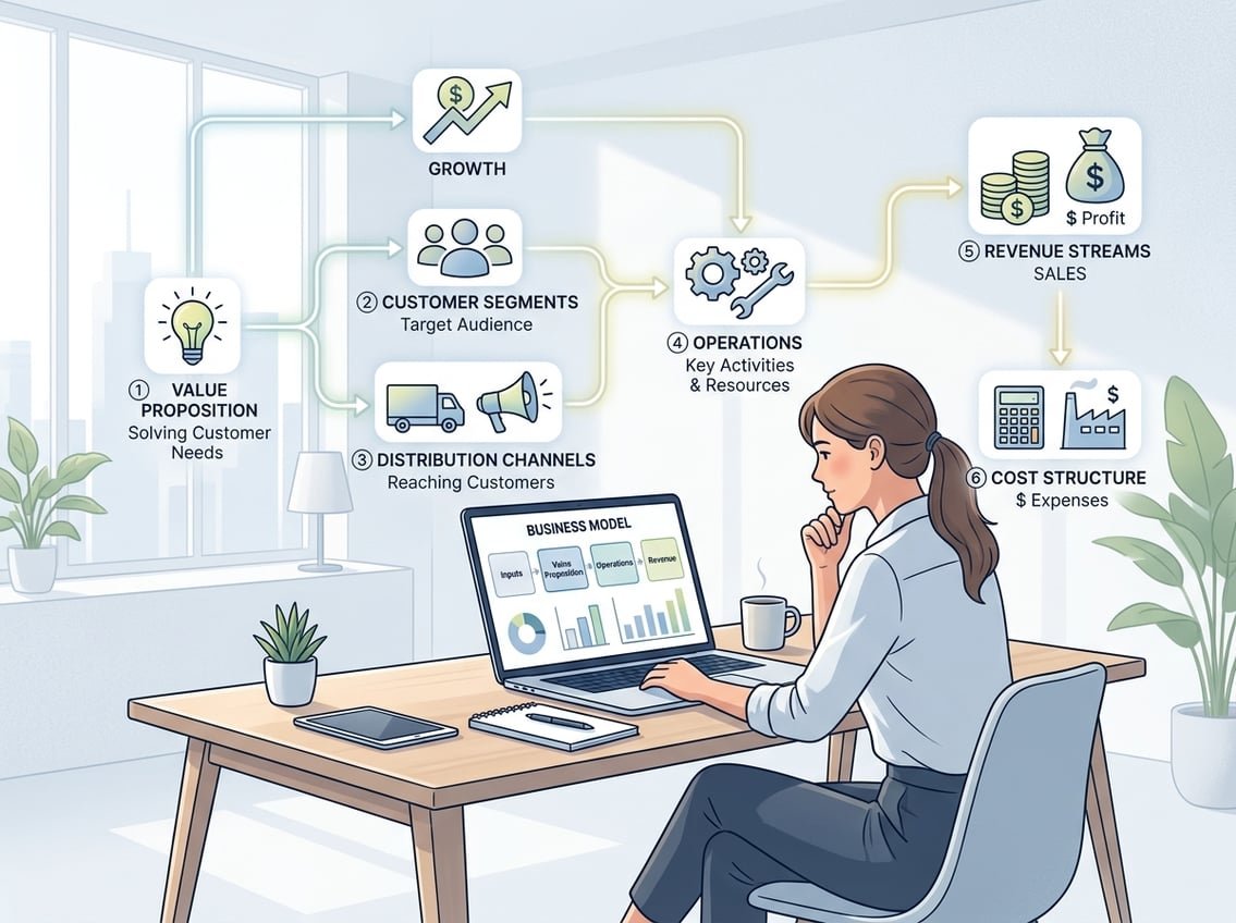 A person at a desk reviewing simple business charts and icons representing money, growth, and communication in a clean office setting.