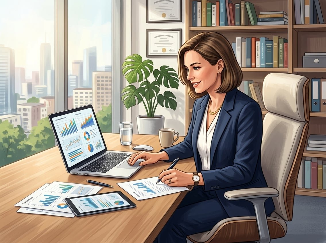 A businesswoman reviewing financial documents at a desk in a bright office with bookshelves and a plant.
