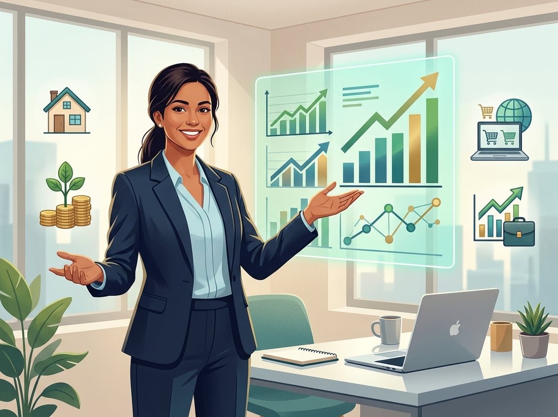 A businessperson standing next to a digital screen showing financial charts and icons representing passive income streams in a modern office.