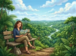 A person sitting on a bench reading a book under a blue sky above a green Amazon rainforest.