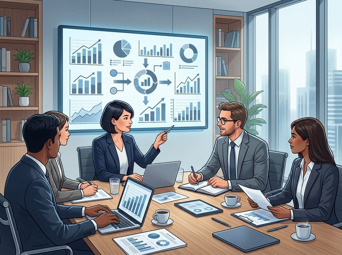A group of business professionals discussing charts and graphs around a conference table in a modern office.