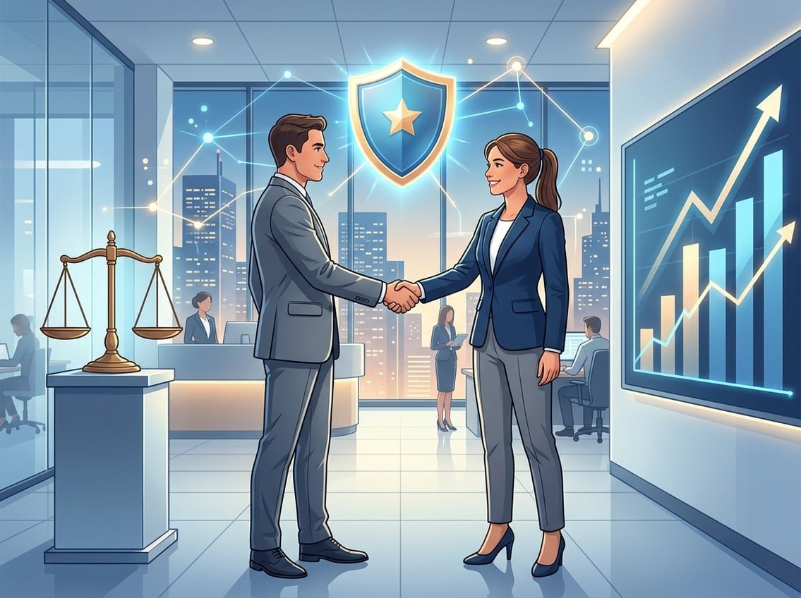 Two businesspeople shaking hands in a modern office with symbols of trust, fairness, and success around them.