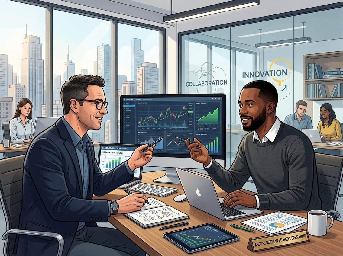 Two men working together at a desk in a modern office with business charts and laptops.